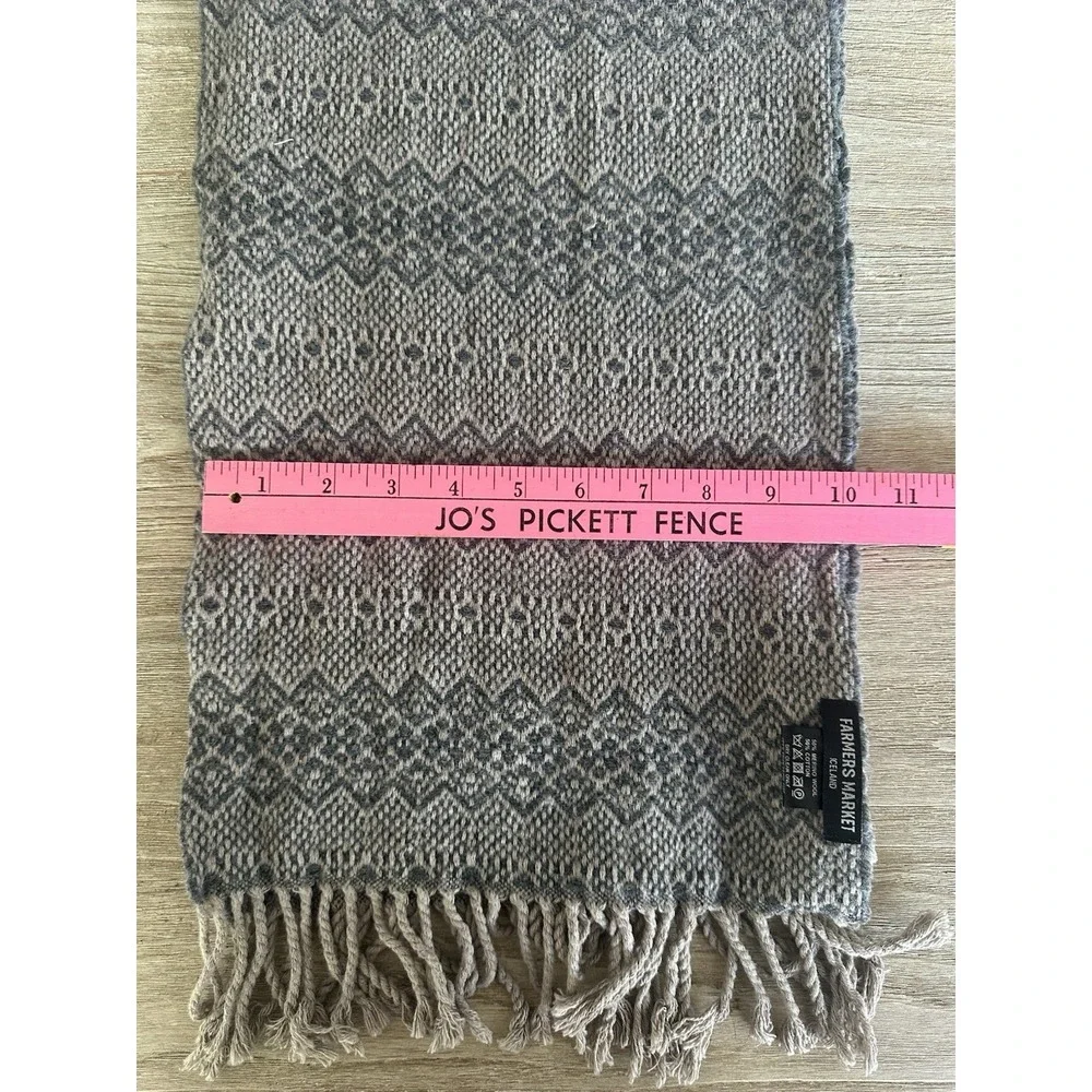 Iceland Made Wool Cotton Scarf Fair Isle Knit Winter Grey Fringe 10